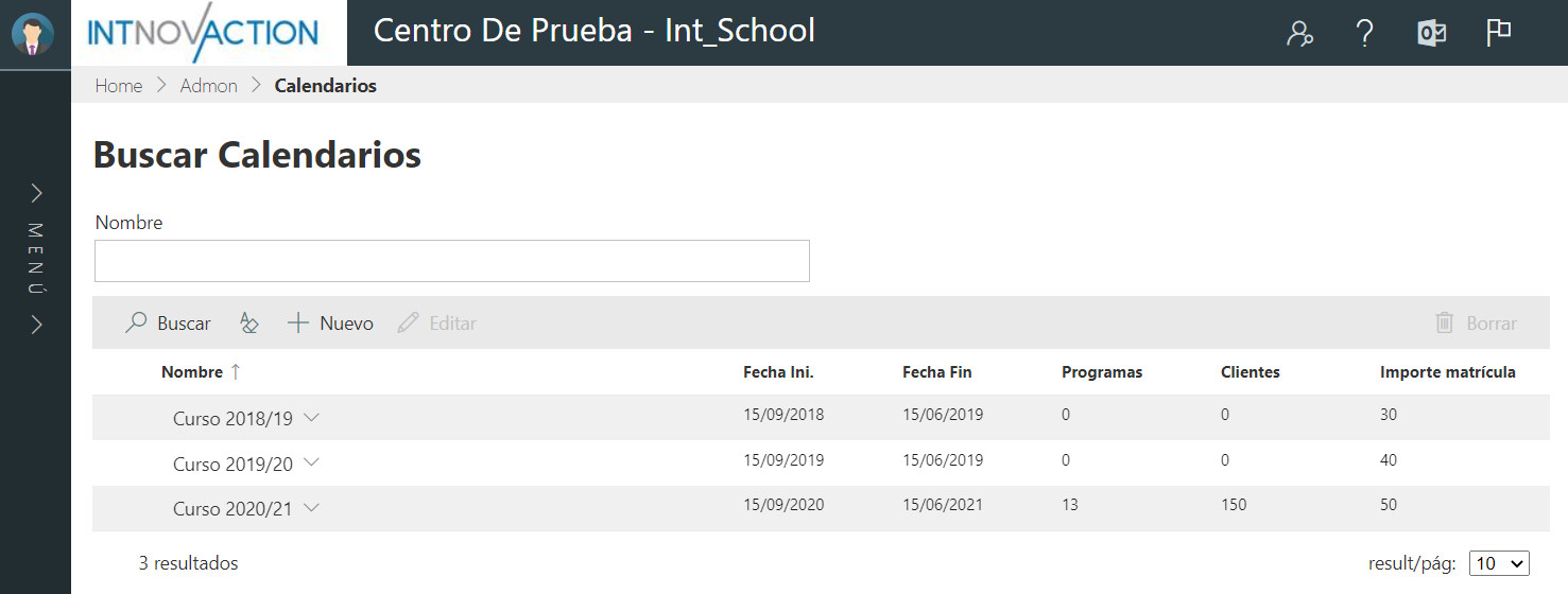 Listado de calendarios